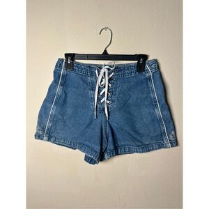 1990s- Y2K 2000s Ocean Pacific OP Denim Lace Up High Waist Shorts Hibiscus Embro
